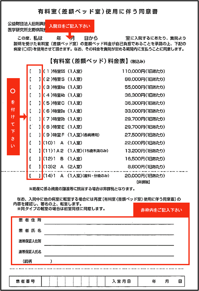 有料室使用に伴う同意書